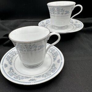 Vintage Blue Floral Tea Cup And Saucer Set Silver Trim Cottagecore Liling
